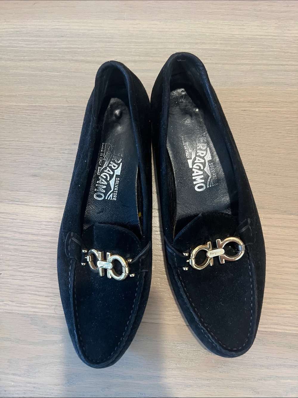 Salvatore Ferragamo Black Suede Loafers with Gold Gancini Hardware